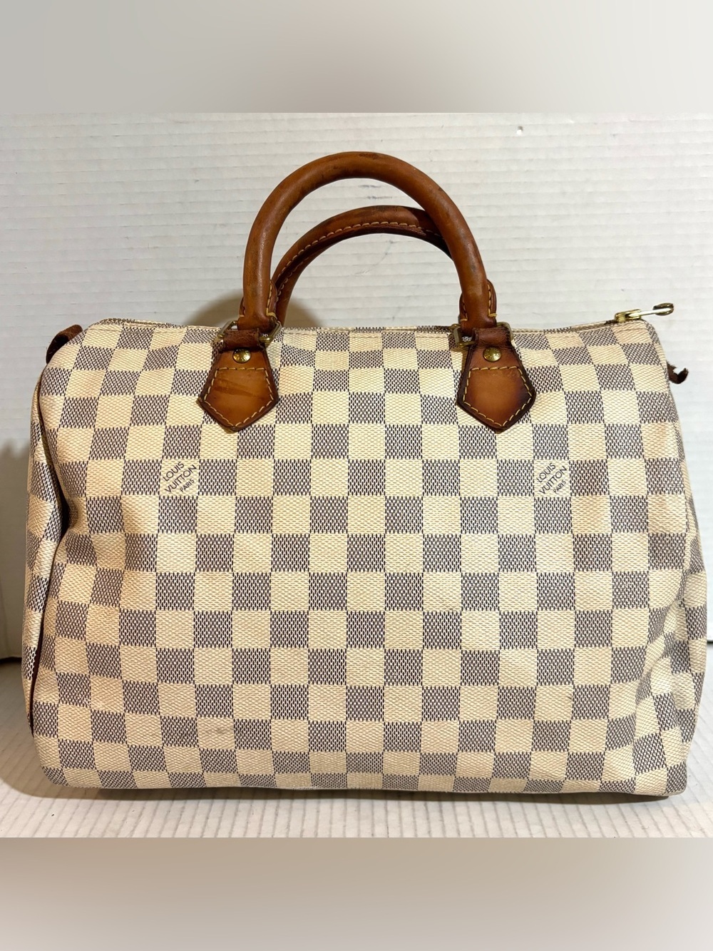 Louis Vuitton Damier Azur Canvas Speedy Bag - Cream & Brown Leather